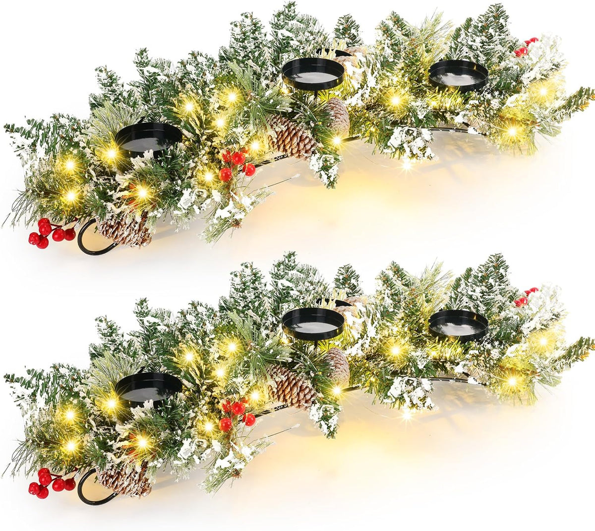 4 Pcs Christmas Table Centerpiece Decoration with 3 Christmas Candle Holders LED Fairy Lights String Lights Battery Operated Artificial Red Berries Pine Cones for Kitchen Indoor Home (Bright Style)