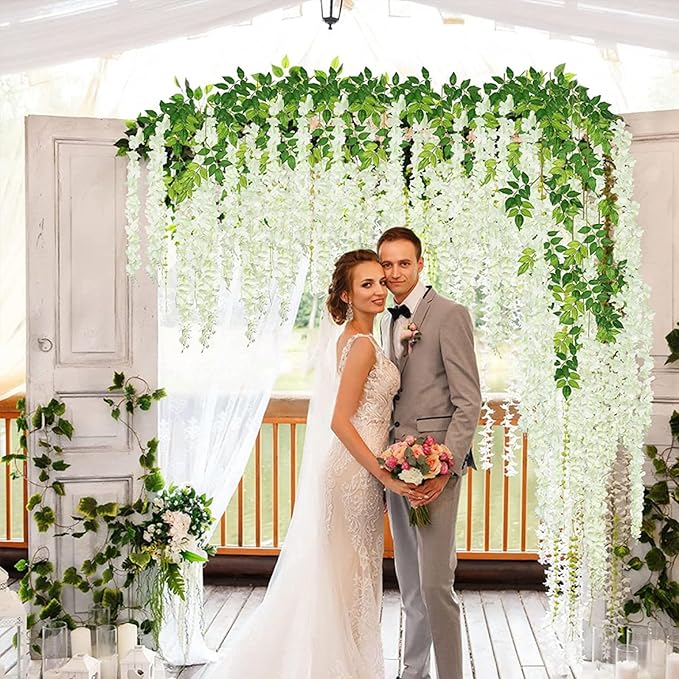 24 Pack White Wisteria Hanging Flowers, 3.4 Ft Fake Hanging Flowers, Artificial Wisteria Garland Vines for Wedding Room Backdrop Outdoor Patio Garden Decoration