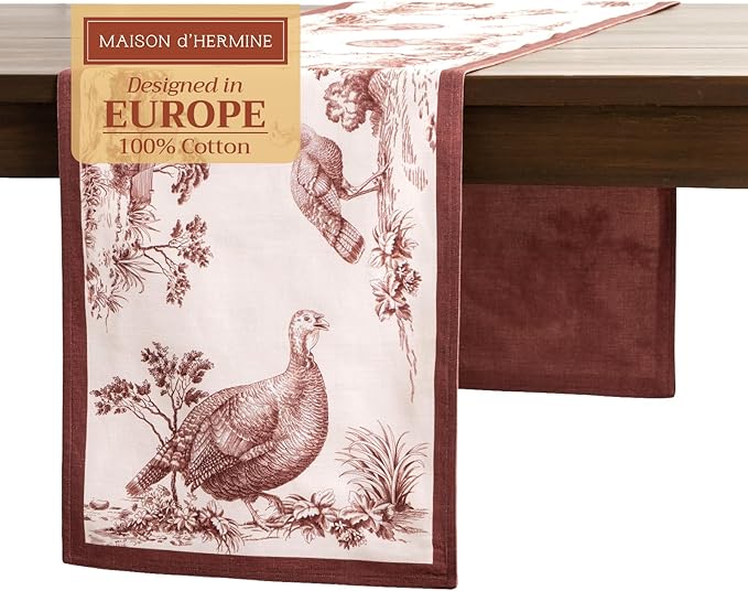 Maison d' Hermine Table Runner 100% Cotton Double Layer Table Runners 108 inches Long for Thanksgiving Christmas Decorations Home Kitchen Dining Party Wedding (Holy Jouy - Brown, 14.5" x 108")