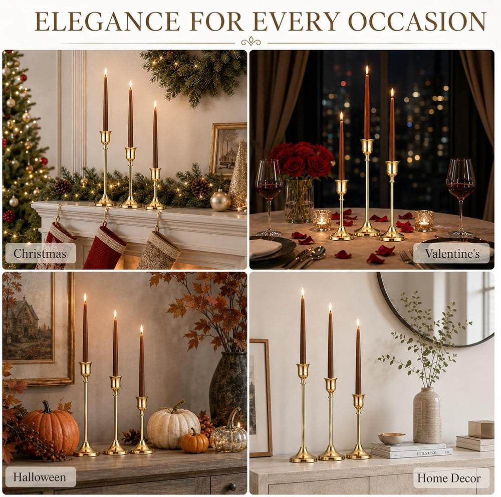Gold Taper Candle Holders Set of 12, 3 Heights Brass Candlesticks
