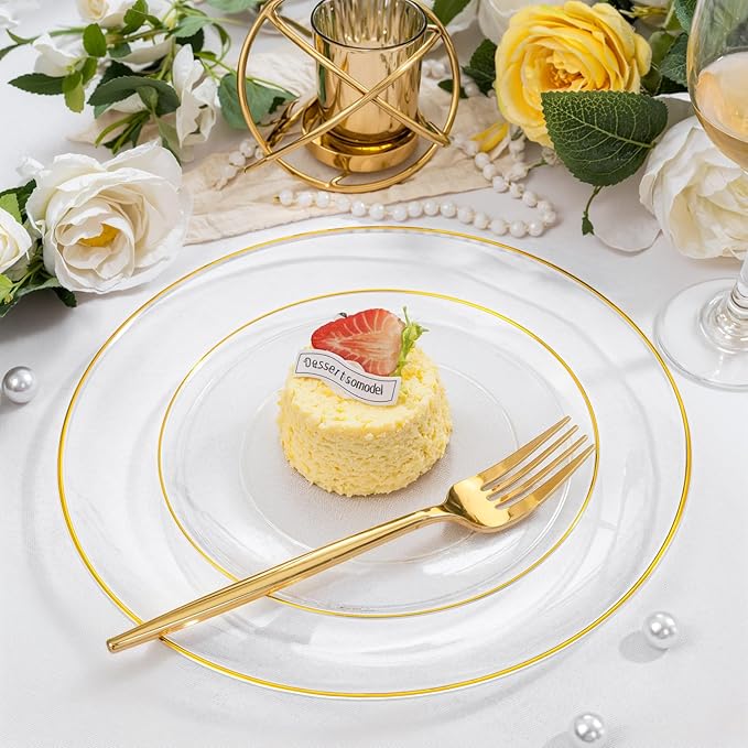 bUCLA 200PCS Clear and Gold Plastic Plates - Clear Disposable Plates with Gold Rim, Includes 100 PCS 10 inch Dinner Plates and 100 PCS 7 inch Dessert Plates for Party&Wedding