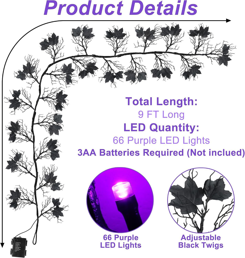 9Ft Lighted Halloween Garland Decorations Indoor, 66 LED Purple Lights Willow Vine Twig Black Halloween Garland with 8 Mode & Timer, Battery Operated Halloween Decor for Mantel Fireplace Home