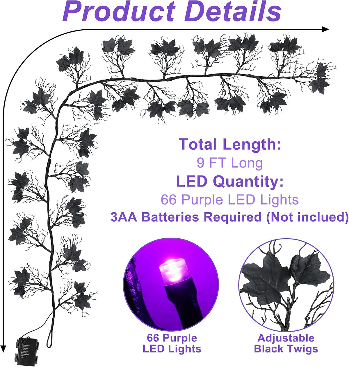 9Ft Lighted Halloween Garland Decorations Indoor, 66 LED Purple Lights Willow Vine Twig Black Halloween Garland with 8 Mode & Timer, Battery Operated Halloween Decor for Mantel Fireplace Home
