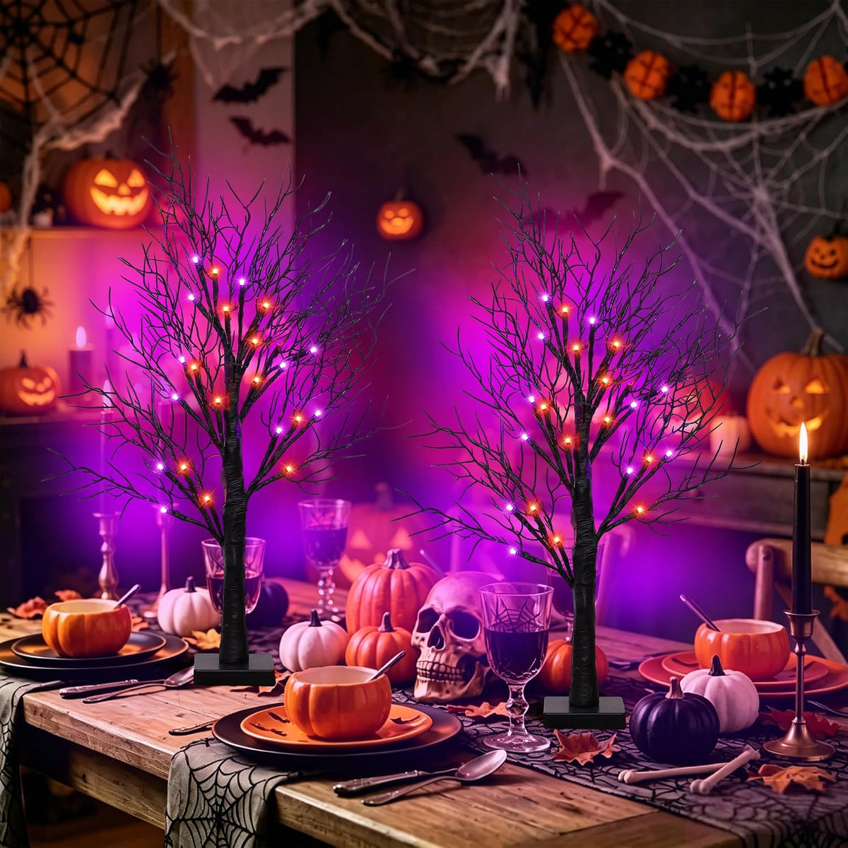 [Timer] 2 Pack Halloween Decorations Indoor, 24 Inch Lighted Black Halloween Tree with 24 Orange & Purple Lights, USB or Battery Powered Spooky Tabletop Tree for Home, Party, Fireplace & Holiday Decor