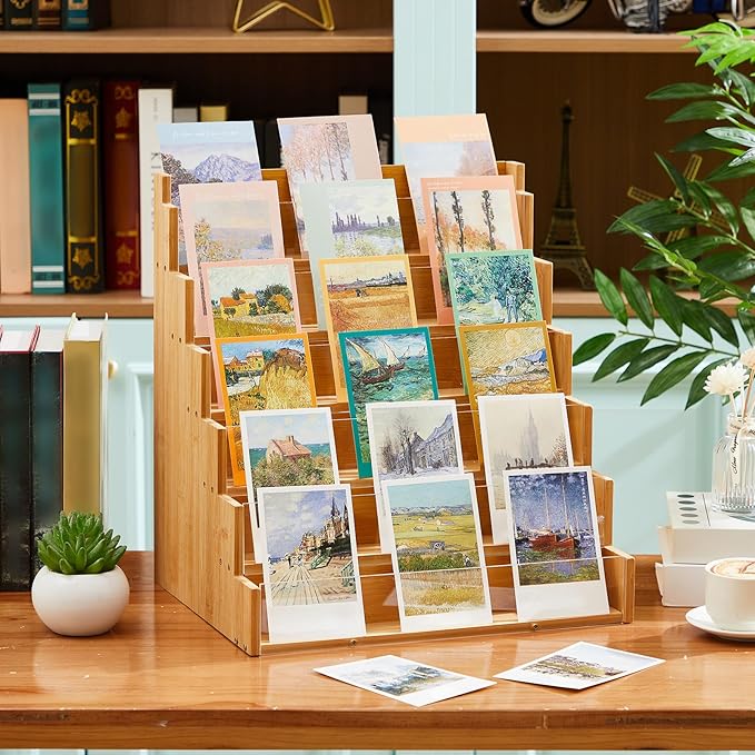 6 Tier Greeting Card Display Stand Wood Color Bamboo and Acrylic Sticker Display Stand Trading Card Holder Retail Photos Shelf for Vendors Craft Collection & Show