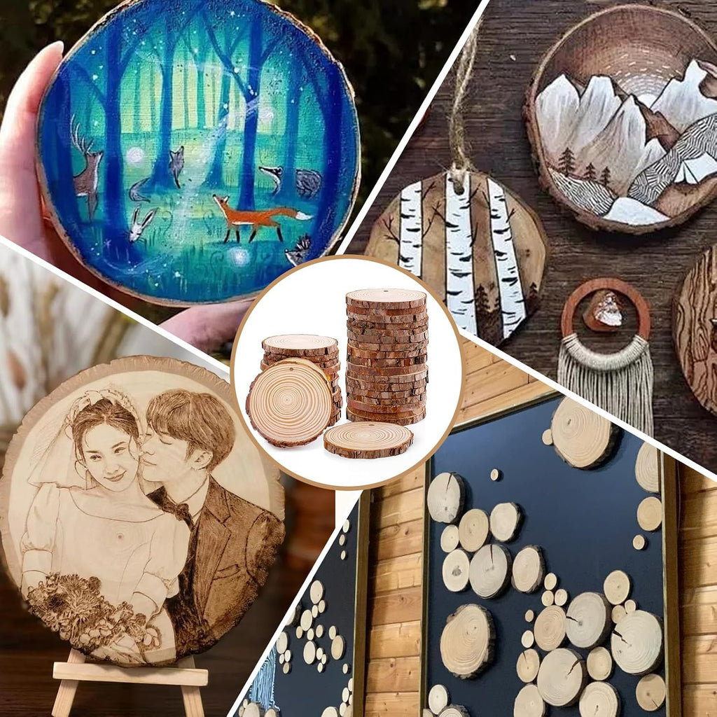 nature wood slices for crafts,2.4-2.8in unfinished natural wood showing dimensions