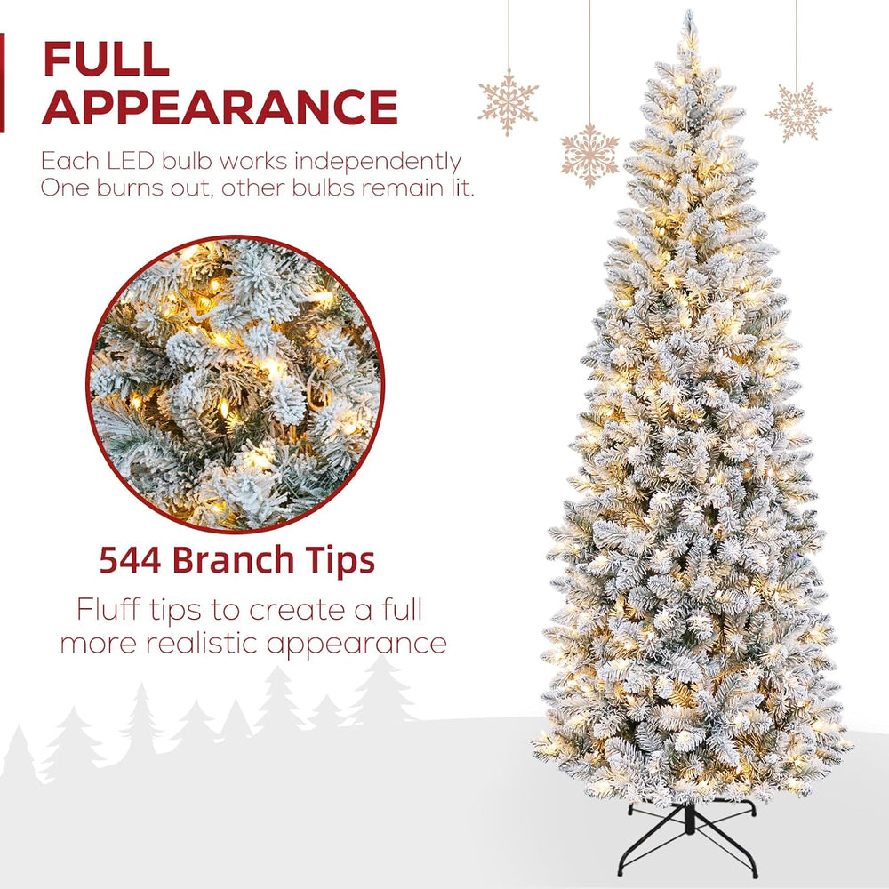 Hykolity 6 ft Pencil Prelit Christmas Tree with Snow Flocked Branches, 200 Wa...