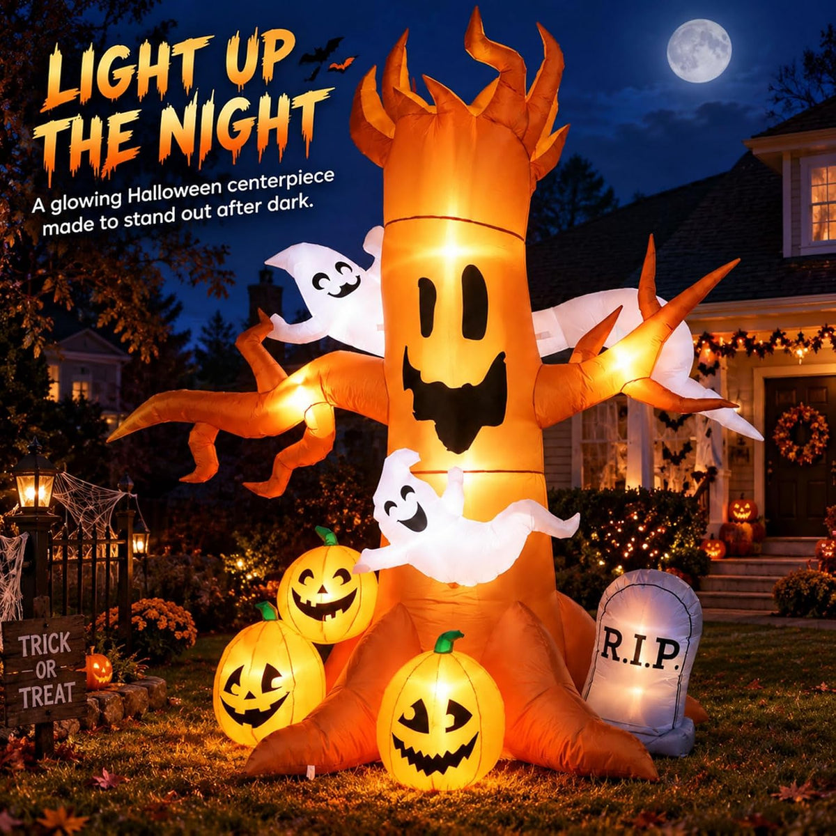 8ft halloween inflatable ghost tree decoration with pumpkins shown in use