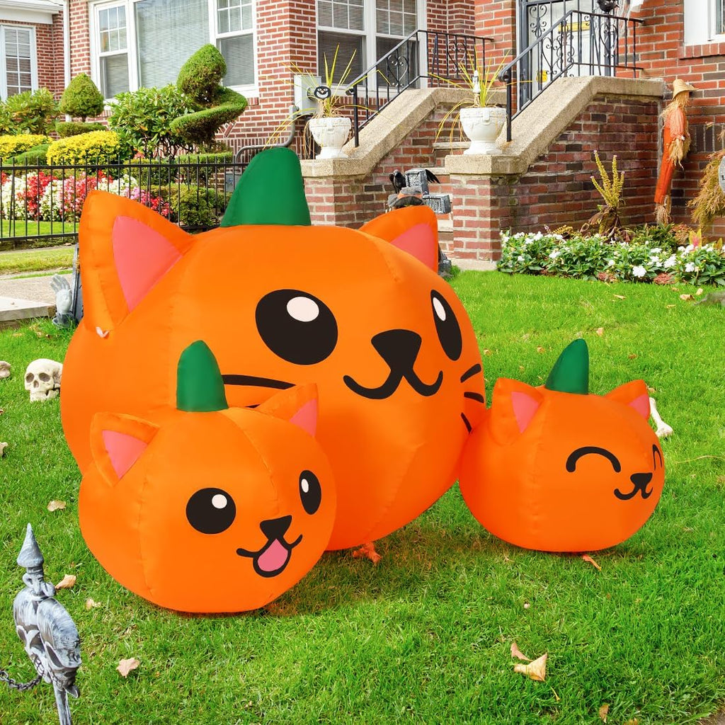comin halloween inflatable 5ft long three pumpkin cat, close-up detail
