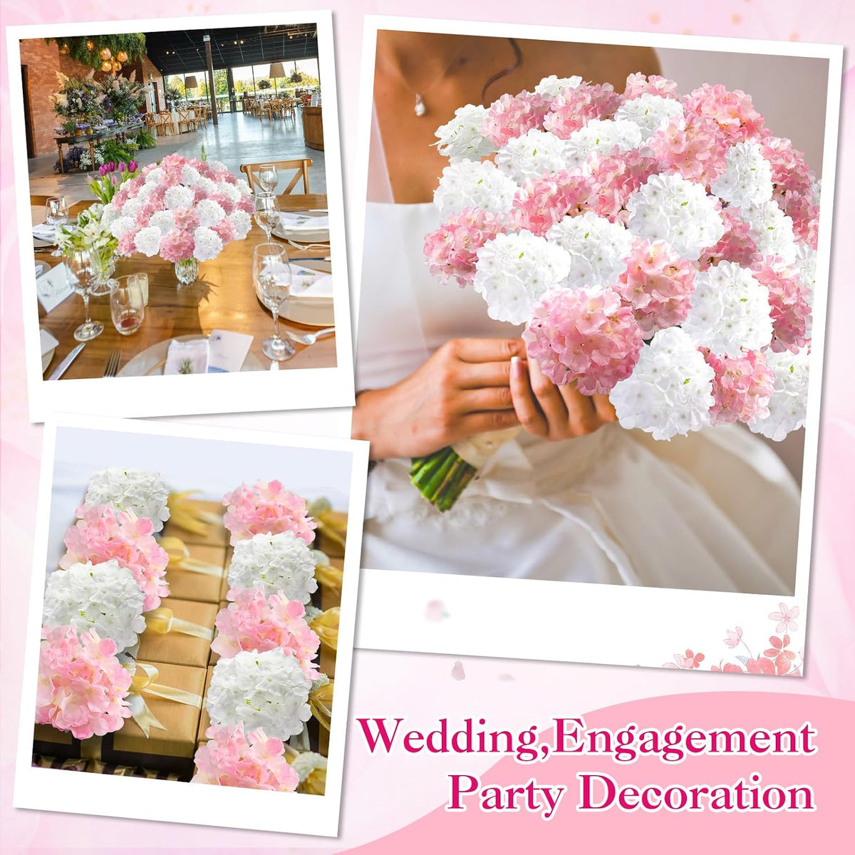 Tigeen 100 Pcs Pink,White Hydrangea Artificial Flowers Bulk, 7.48 Inch