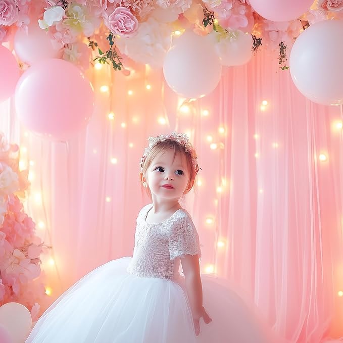 Tulle Backdrop Curtain with Lights String 10FT X 10FT Pink Sheer Tulle Backdrop Curtains for Wedding Birthday Party Reception Photo Booth Background Decorations (2 Panels 5x10FT)
