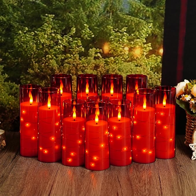 Flameless Candles with Embedded Star String - Battery Operated LED Candles, with Remote,12 Red Flickering Candles for Christmas, Weddings, Home Decor & Party,(D 2.3"×H 5" 6" 7")