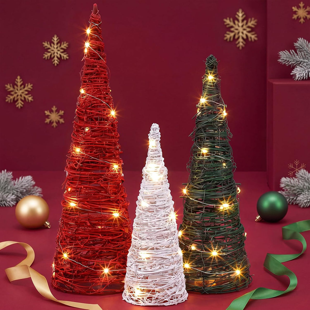 Jenaai 3 Pcs Lighted Christmas Rattan Table Tree Centerpiece, 24/16/12 in