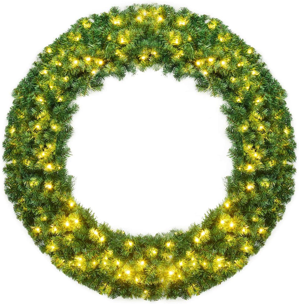 Goplus 48 Inch Large Pre-Lit Christmas Wreath, Battery Operated Winter Wreaths for Front Door with 200 LED Lights and Timer, Lighted Artificial Hanging Xmas Wreath for Windows Wall Mantel Home Decor
