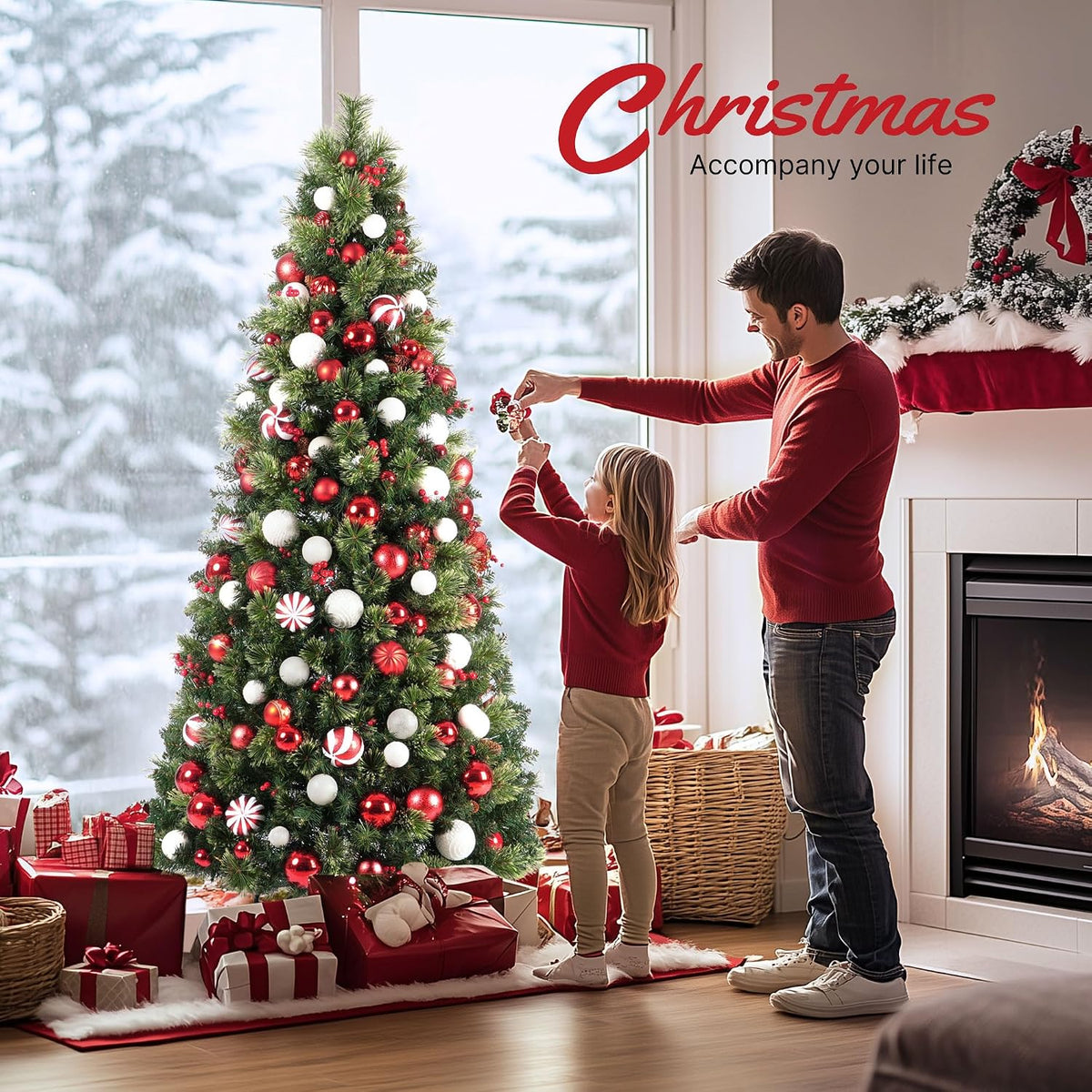 OasisCraft Christmas Tree, 6 FT Prelit Pop Up Christmas Tree with Lights, Artificial Christmas Tree Decorated with Berries and Pine Cones, Tall Foldable Tree with Metal Base, Green for Outdoor Indoor