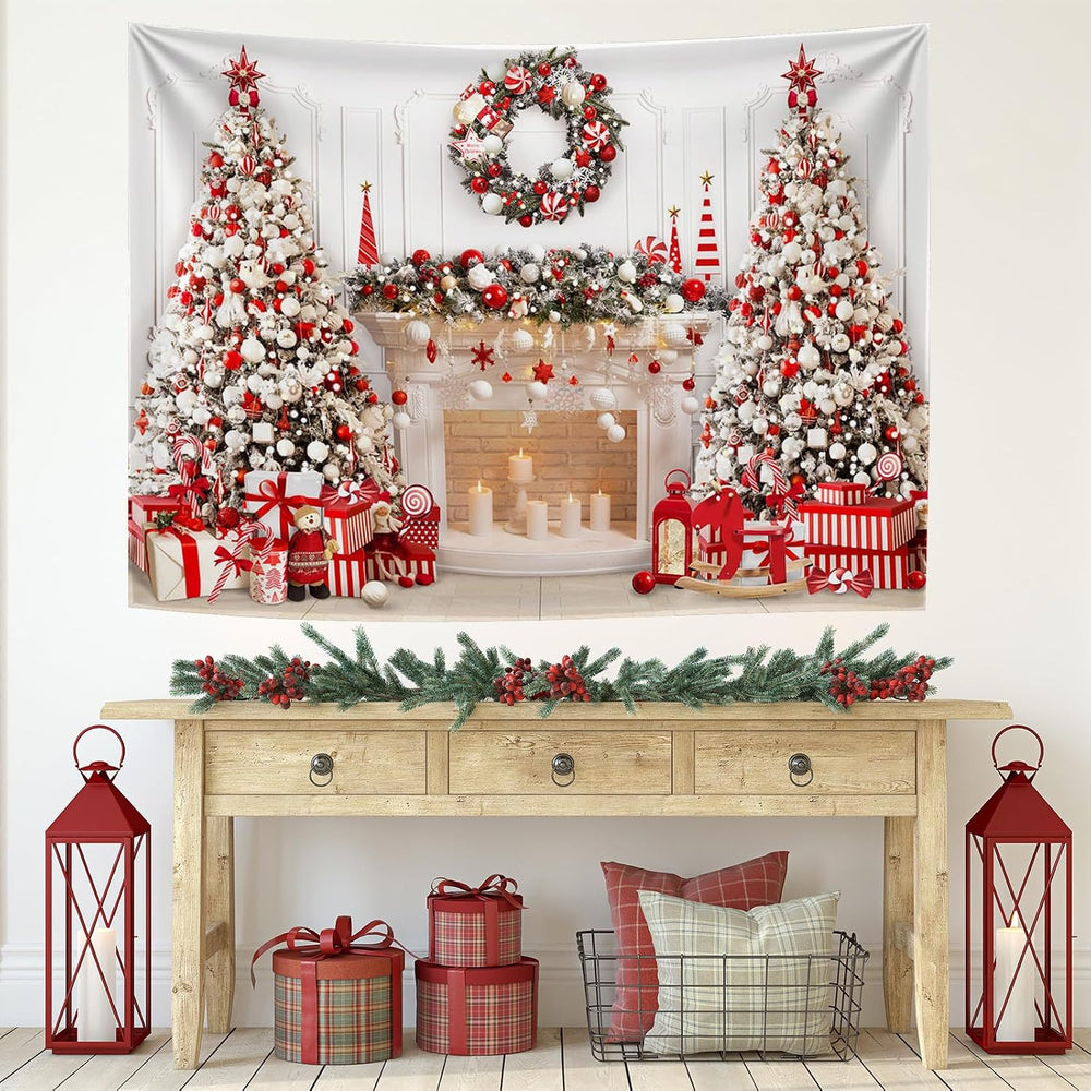 Mocsicka Christmas Fireplace Backdrop, White Red Tree, 10x7ft