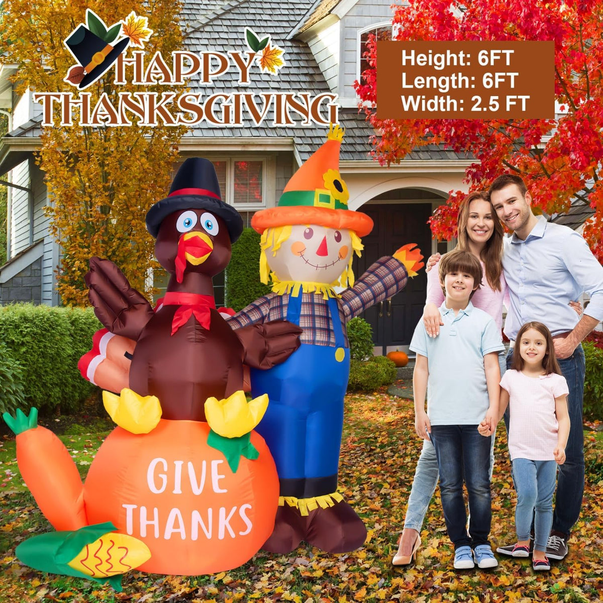 6 ft thanksgiving inflatables turkey and scarecrow decor, side view