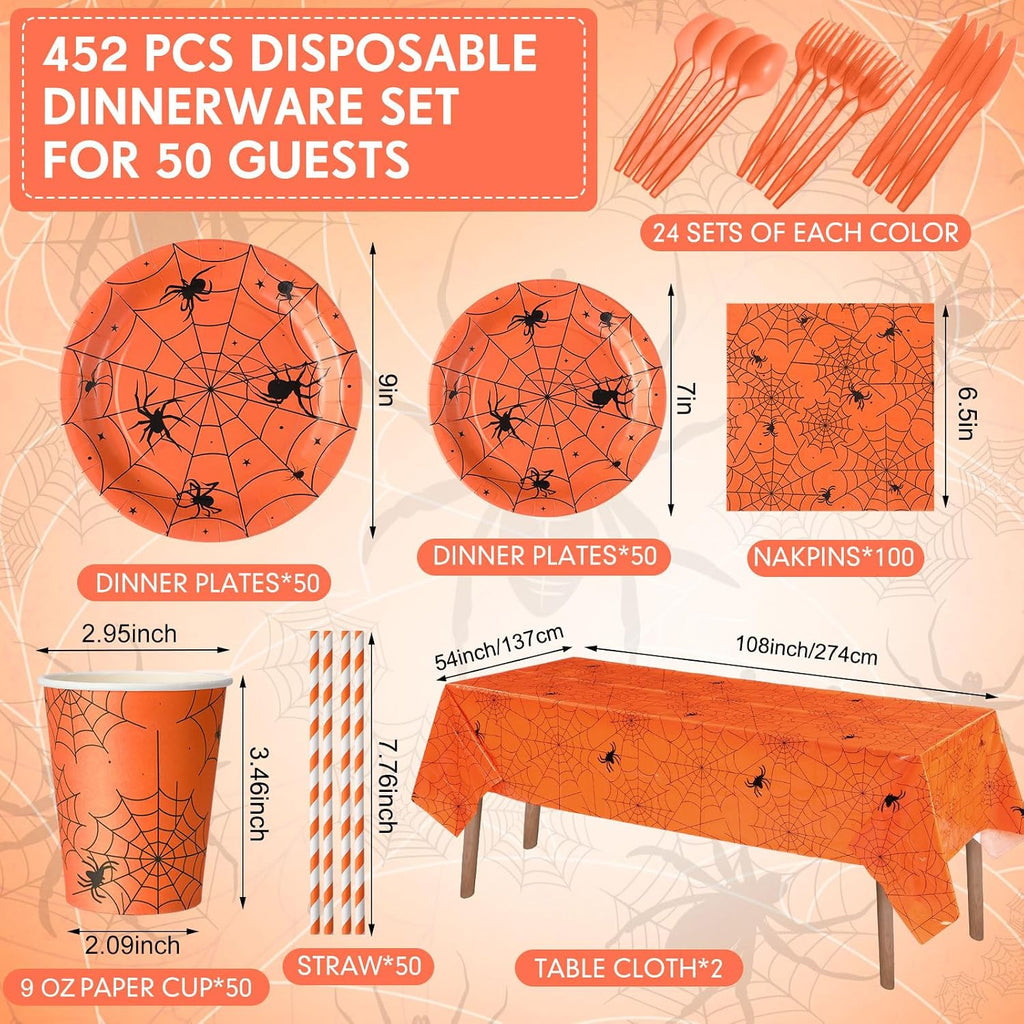 Funnymoom 452 Pcs Orange Halloween Spiderweb Party Supplies, Serves 50