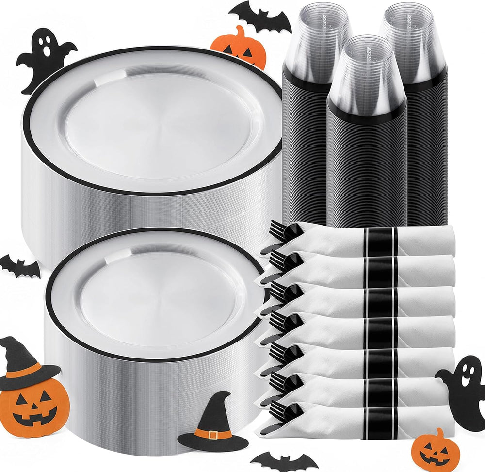 350 Pcs Clear Plastic Plates with Black Rim, Plastic Dinnerware