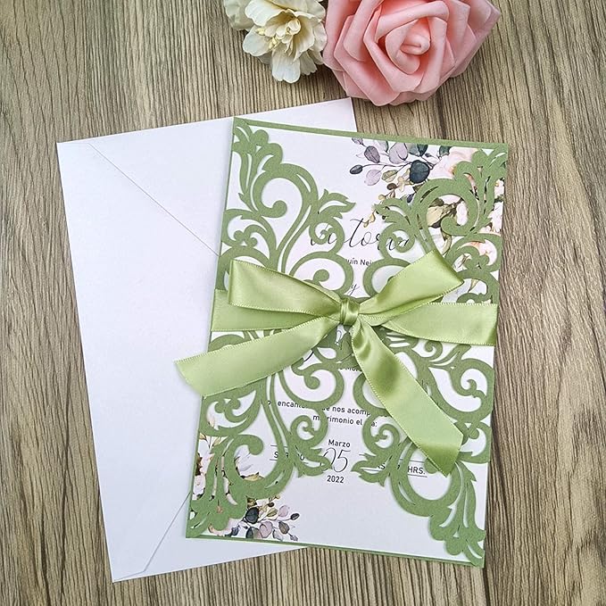 25PCS Laser Cut Wedding Invitations Cards with Envelopes,Blank Inner Sheets,Ribbons for Wedding Bridal Shower Quinceañera Engagement Birthday Invites (matte sage green)