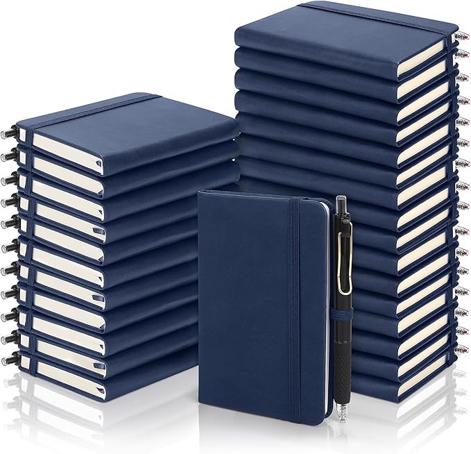 Aodaer 50 Sets Pocket Notebook Journal with Pens, 160 Pages, 3.5 x 5.5 Inch Mini Lined Journal Notebook A6 Leather Hardcover College Ruled Notepad with Pen Holder for School Office Gifts, Navy Blue