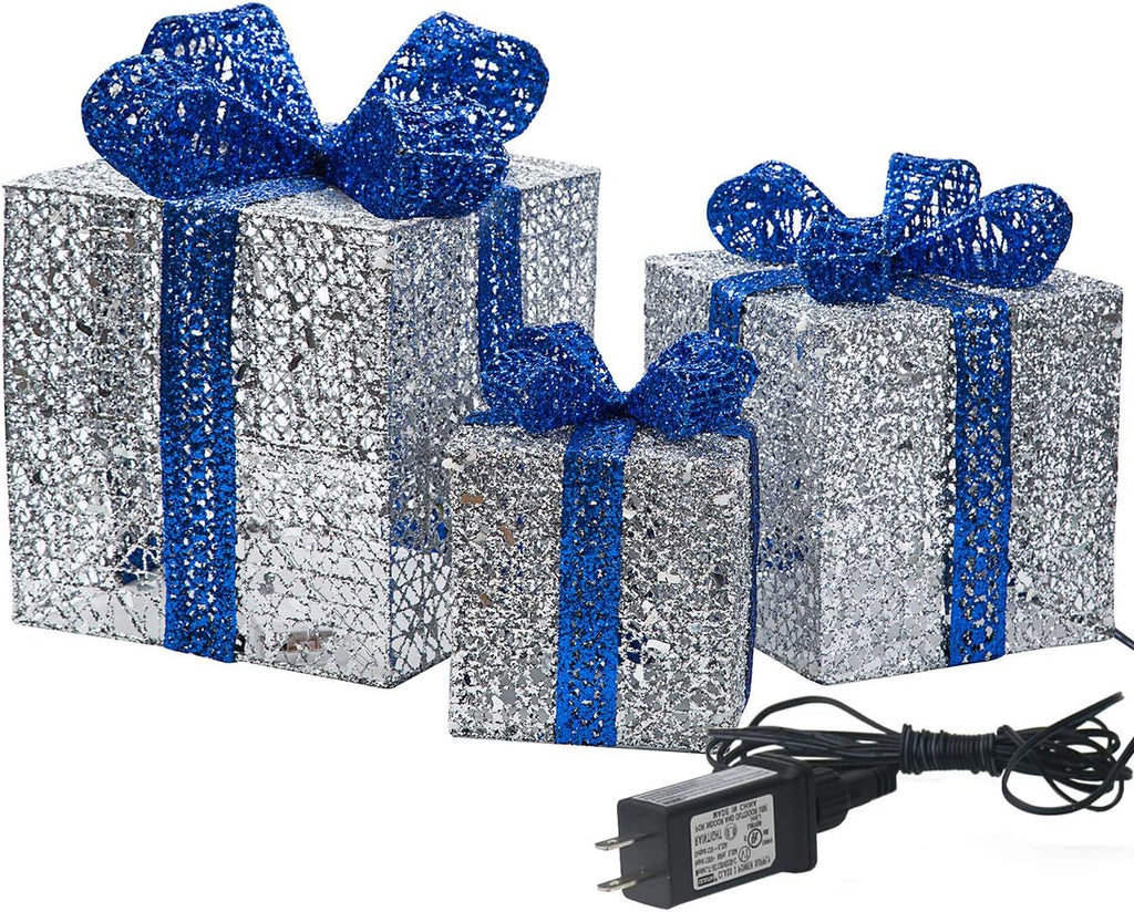 Sunnyglade 3 Packs Christmas Lighted Gift Boxes Xmax Decor 10"/8"/6" Silver