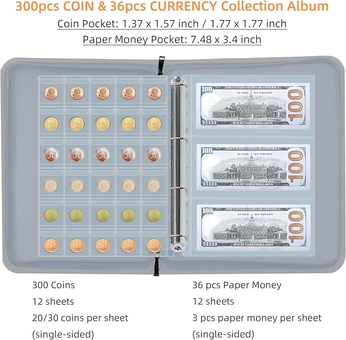 Coin Collection Book Holder for Collectors, 300 Pockets Fireproof Coins Collecting Album & 36 Sleeves Money Storage Case for Coin Currency Collection Supplies, Bill, Quarters, Stamp,Silver