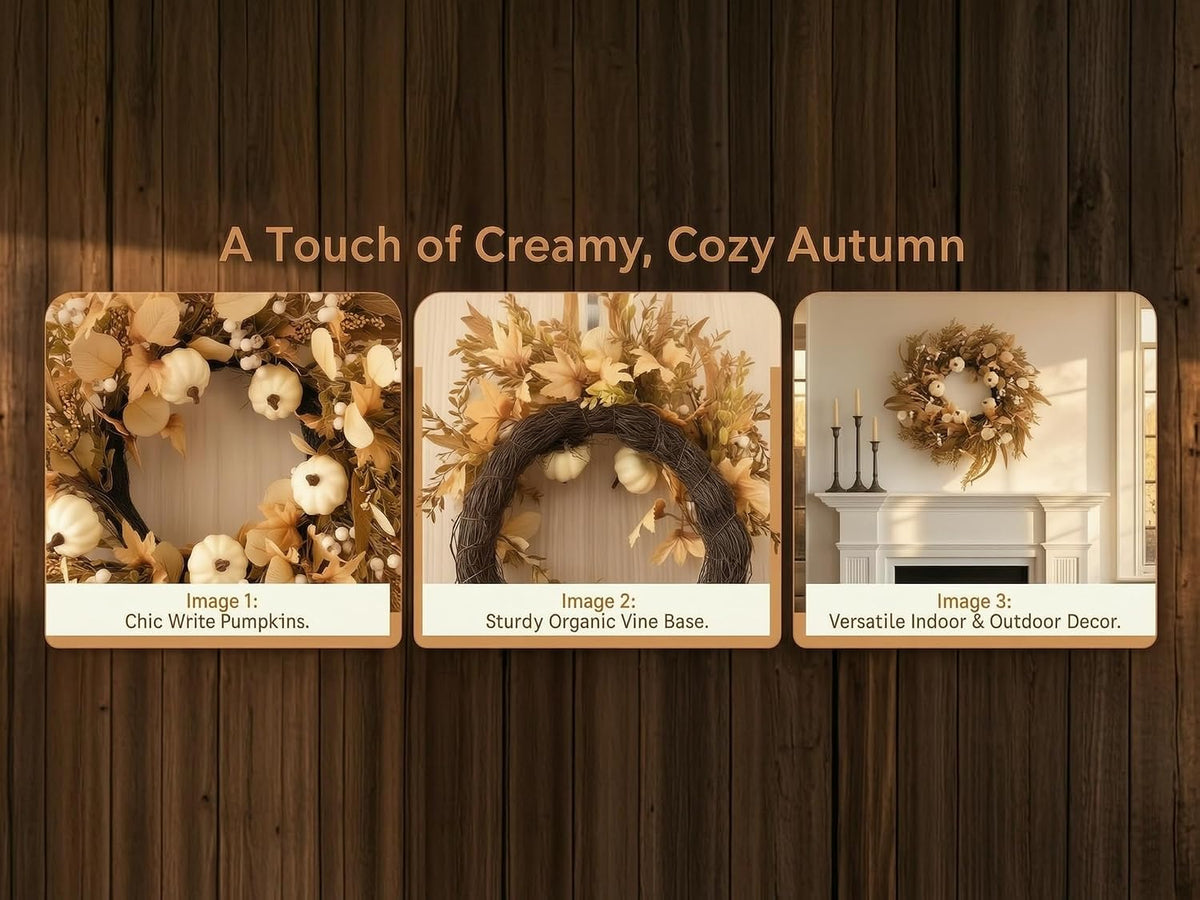 24 Inch Neutral Fall Wreath for Front Door, Artificial Autumn Harvest Wreath with White Pumpkins, Maple Leaves, Berries & Wheat, Farmhouse Thanksgiving Decor for Indoor Outdoor Home Wall