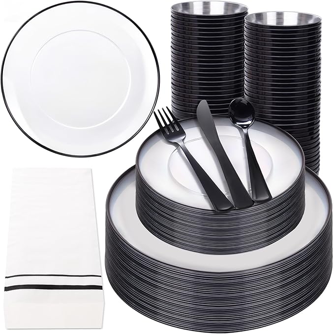 NOCCUR 350PCS Clear and Black Plastic Plates - Disposable Dinnerware Set for 50 Guests Include 100 Dinner/Dessert Plates,150 Black Cutlery,50 Cups&50 Napkins Ideal for Party, Birthday, Halloween