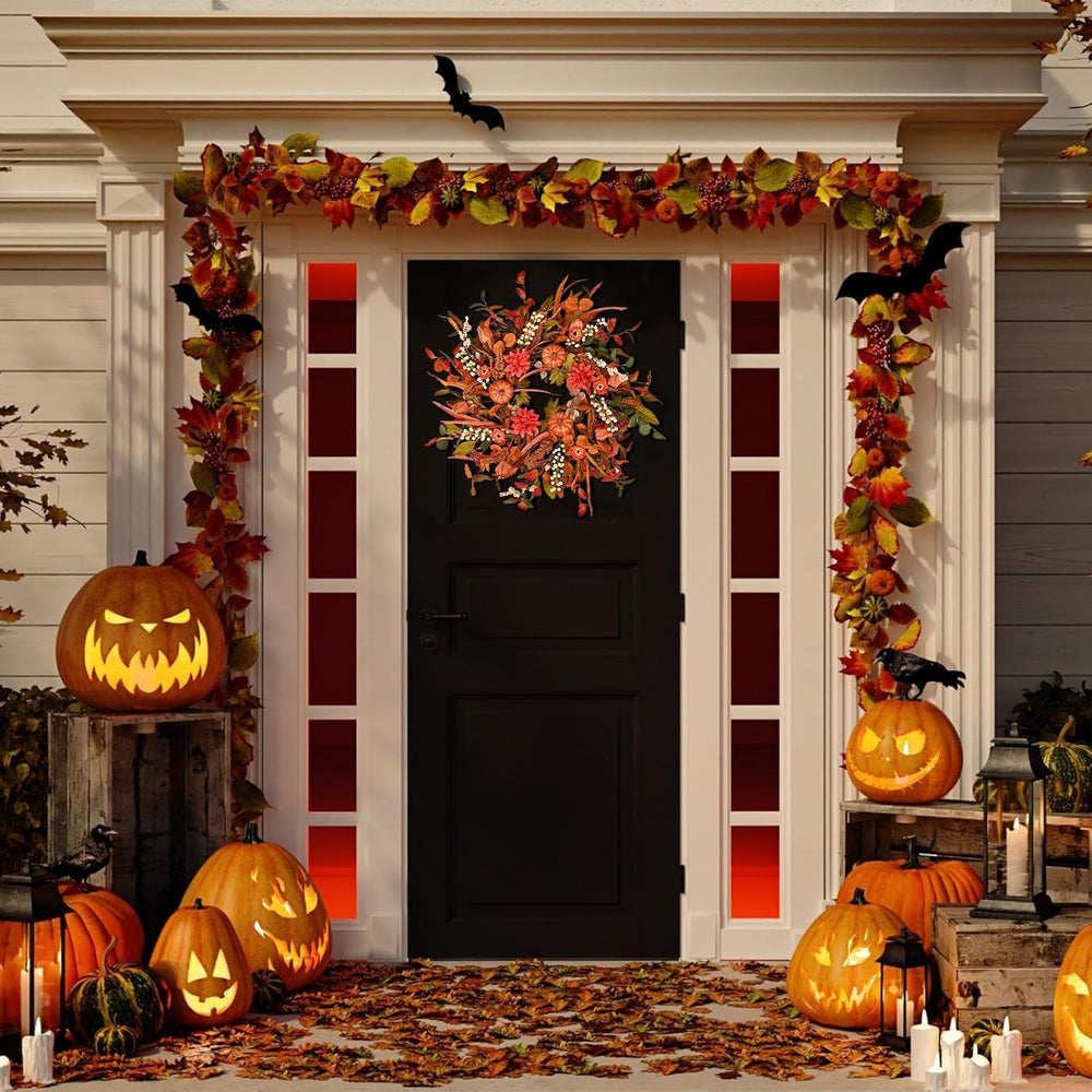 24 Inch Pumpkin Fall Wreath for Front Door with Berry & Mixed Leaves