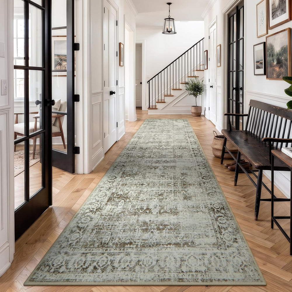 Vintage Long Runner Rug 2.5x12, Brown Distressed Non Slip Washable Hallway Ru...