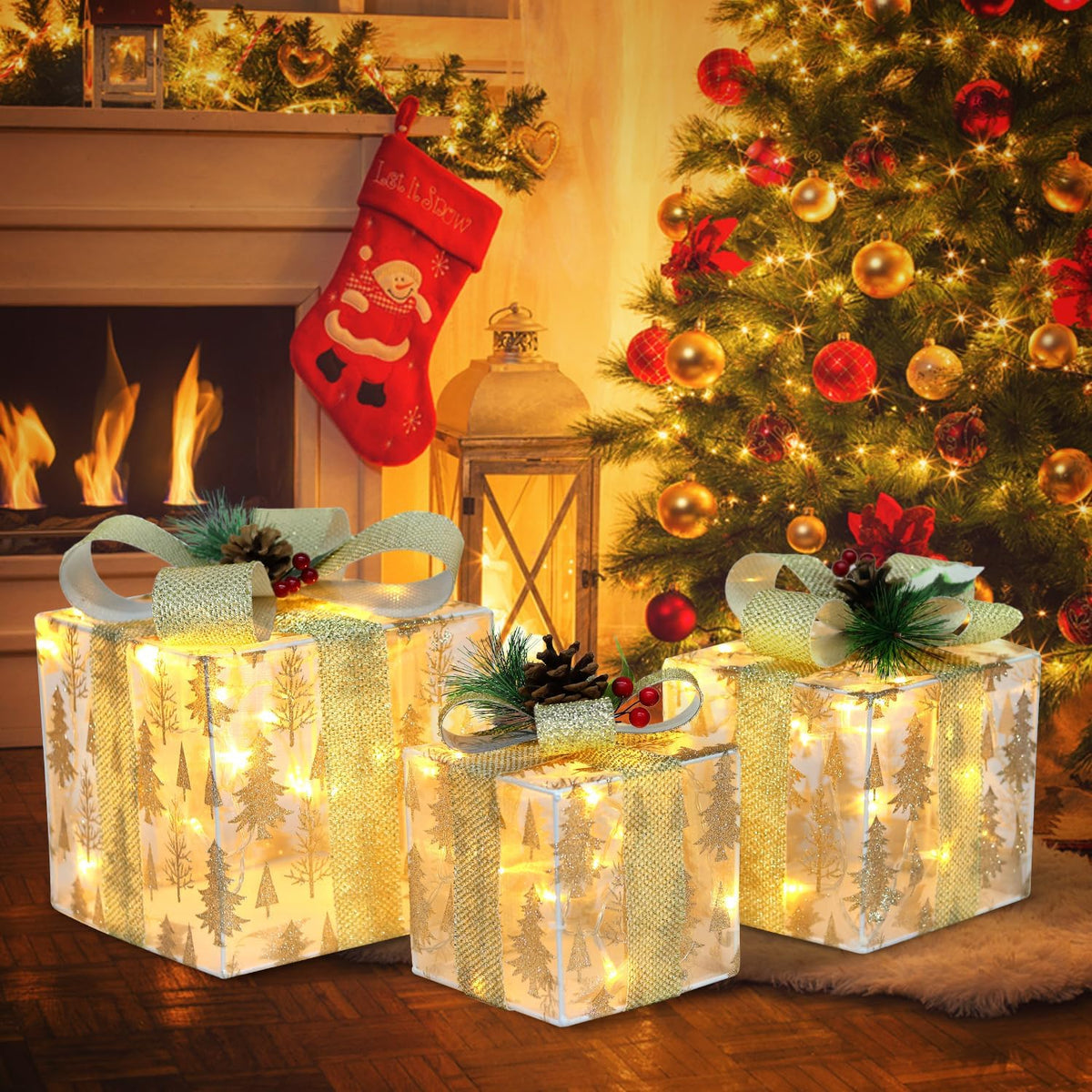 domkom set of 3 nesting christmas lighted gift, close-up detail
