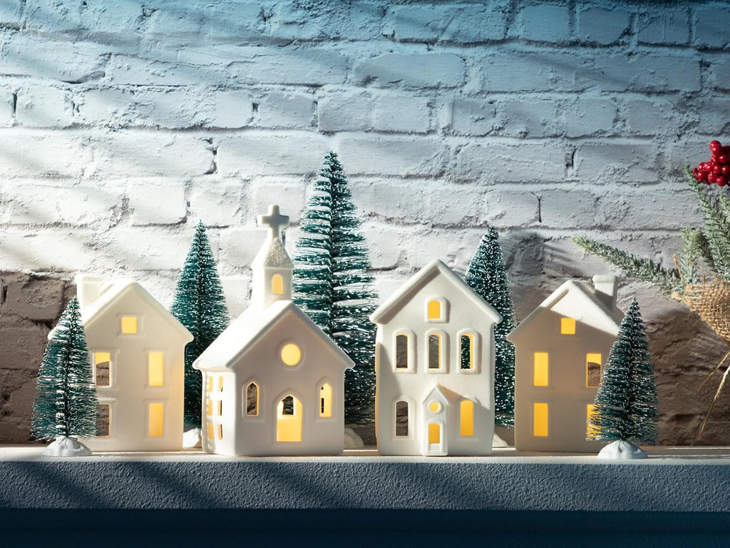 9-piece lighted christmas village set, 4 ceramic houses, side view
