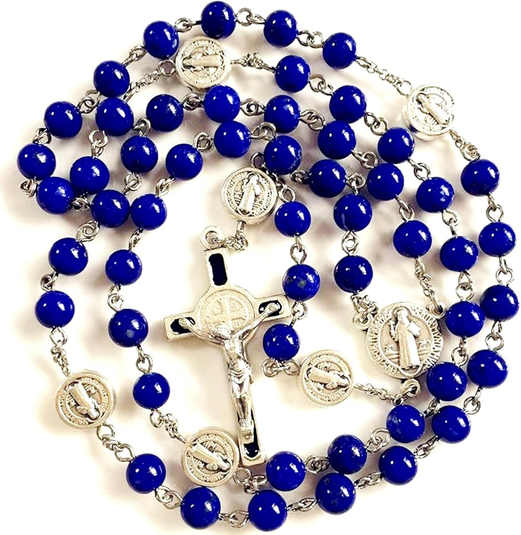 elegantmedical Handmade UNDOUBTED Lapis Lazuli Beads Rosary & Italy ST.Benedict Cross Gift Necklace Box