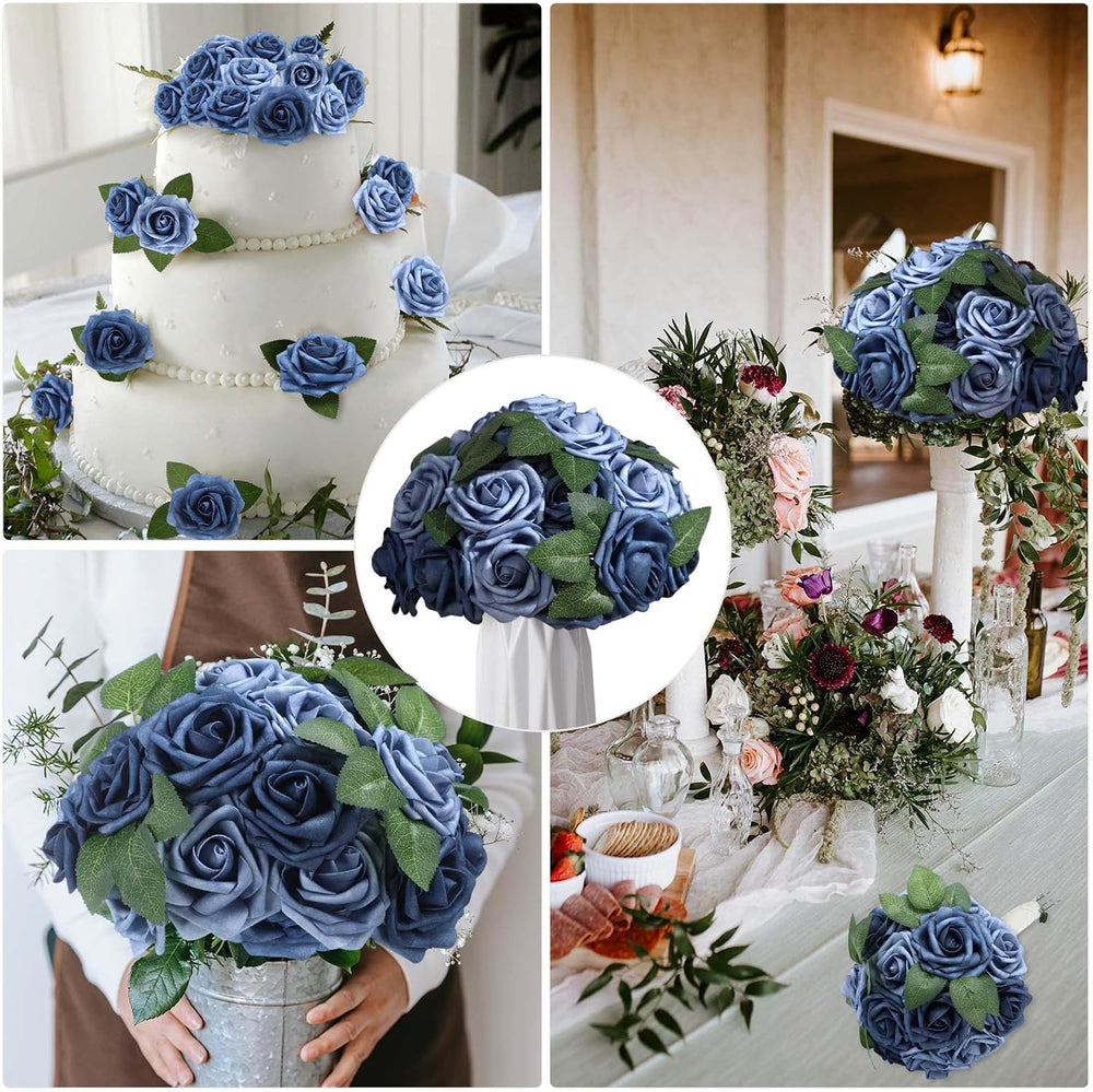 100 Pcs Artificial Rose Flowers, Dusty Blue Shades