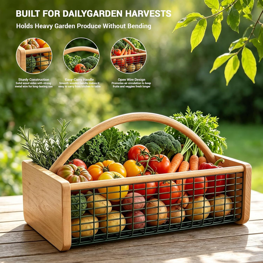 garden harvest basket, wooden garden basket with metal, side view