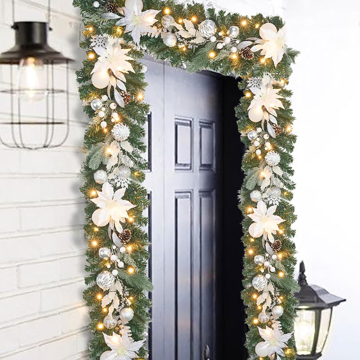 Lighted Christmas Garland for Mantle,Fireplace,Stairs, Garland for Front Door Pre-lit 6 feet Winter White Silver Poinsettia Garland with 25 LED Lights,Timer & Battery Operated.in/Out Door Decor