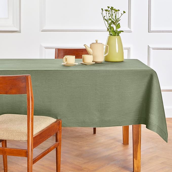 Solino Home Linen Tablecloth 60 x 120 Inch - 100% Pure Linen Oil Green Table Cloth for Rectangle Tables - Fete, Machine Washable Tablecloth for Fall, Autumn, Thanksgiving, Christmas