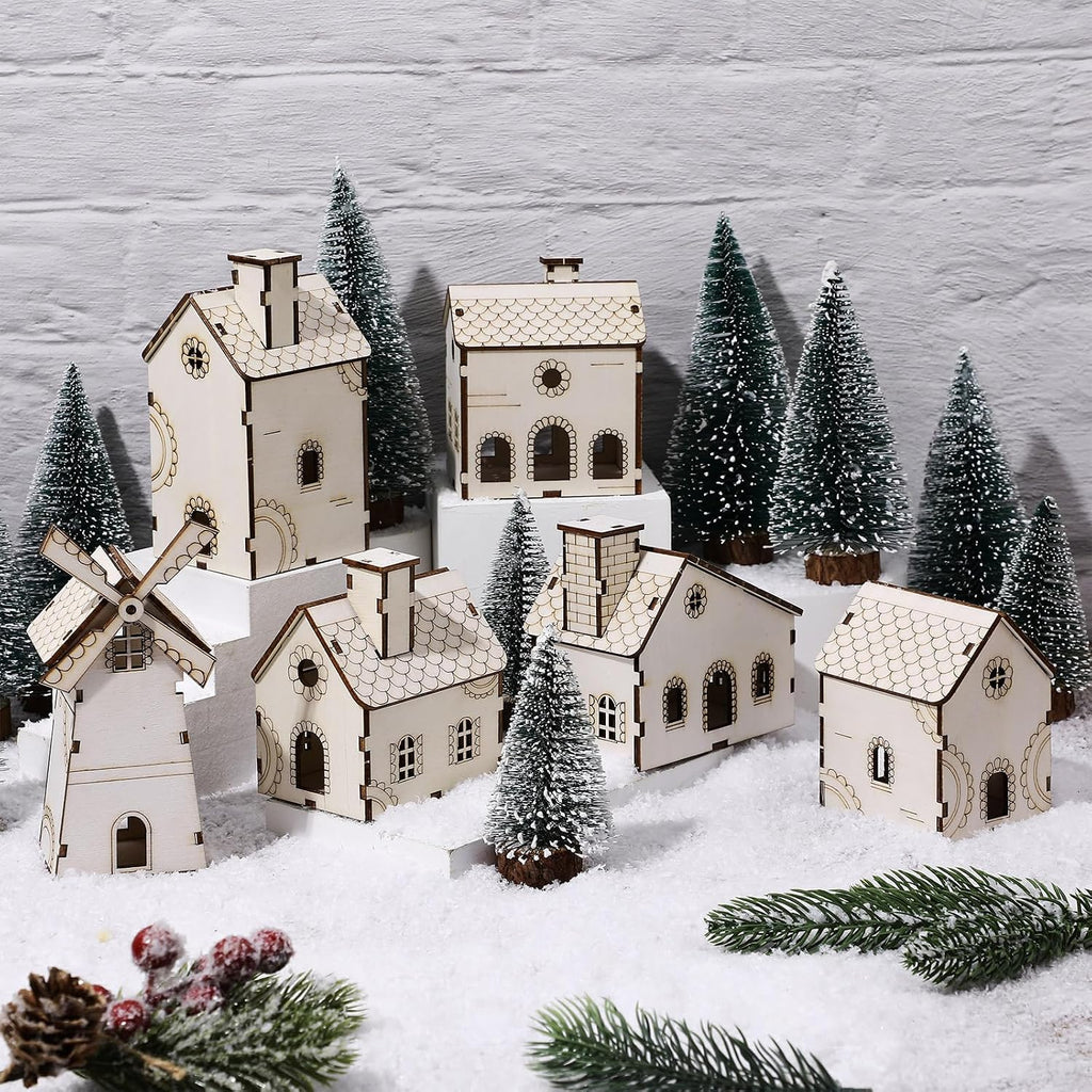 hiboom 24 pcs diy wooden christmas village house, side view