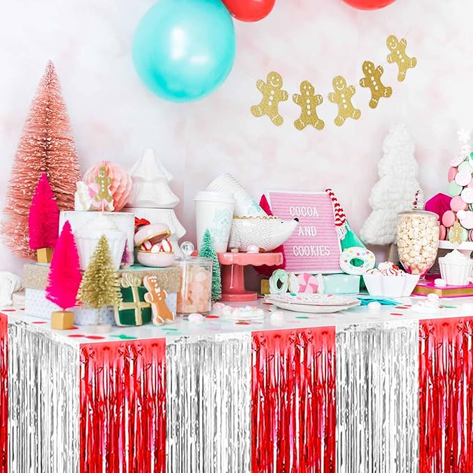 3 Pack Red and Silver Foil Fringe Table Skirts Metallic Tinsel Streamers Garland Banner Backdrop for Table Decor, Parade Float, Birthday, Wedding, Halloween, Christmas Party Decorations(29x108 In)
