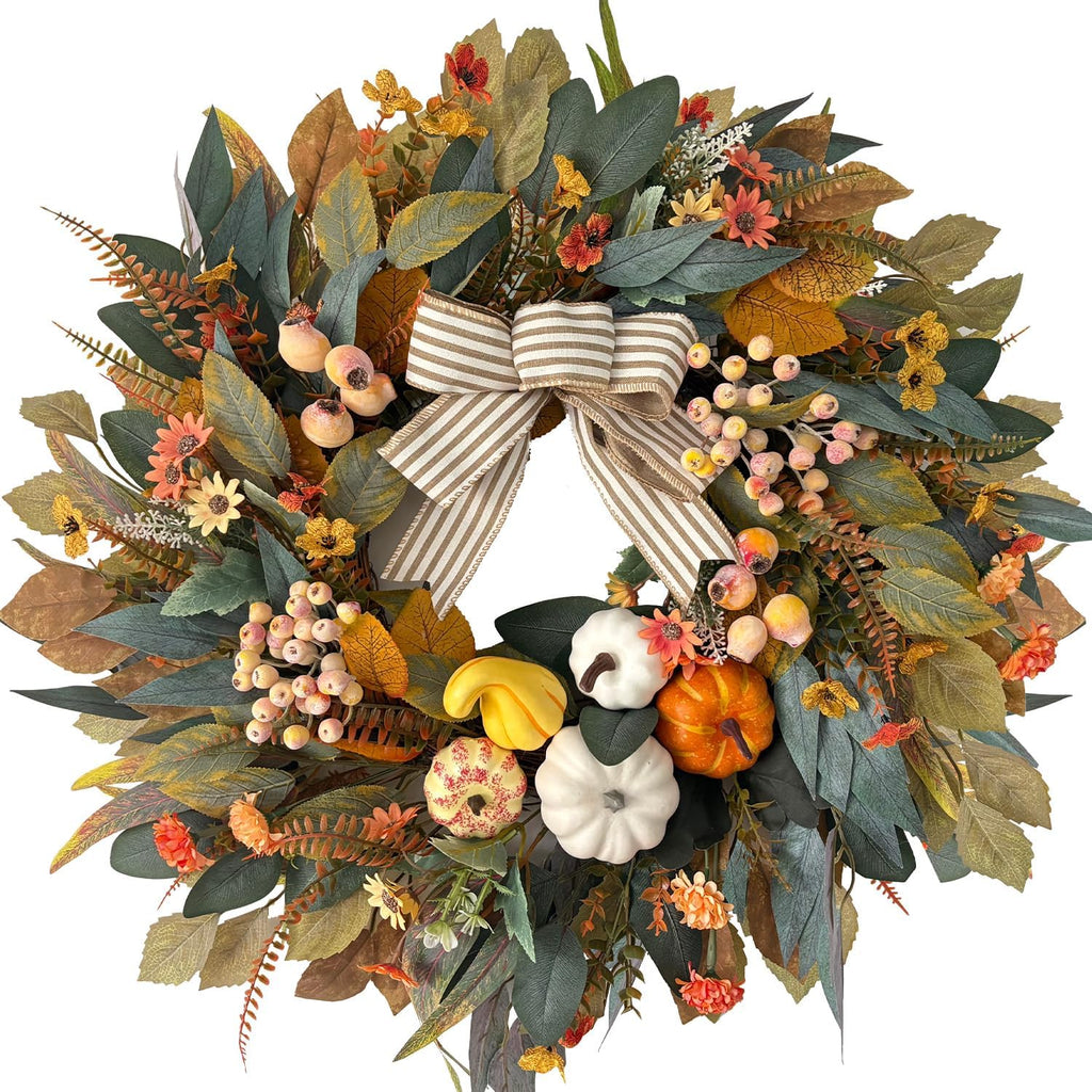 HipTree 24 Inch Fall Wreath for Front Door,Pumpkin Wreath Farmhouse Decor