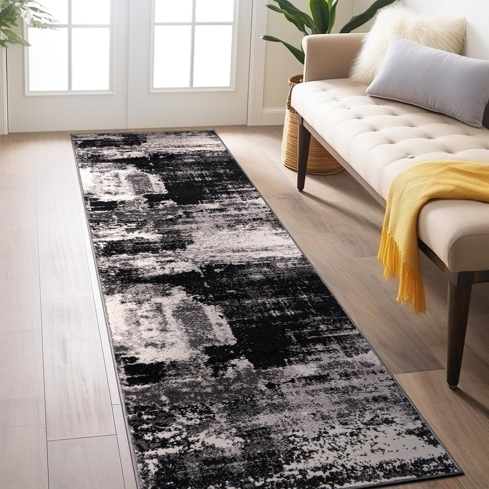 Rugshop Modern Abstract Soft Living Room Bedroom Runner Rug Black 2' x 7&...