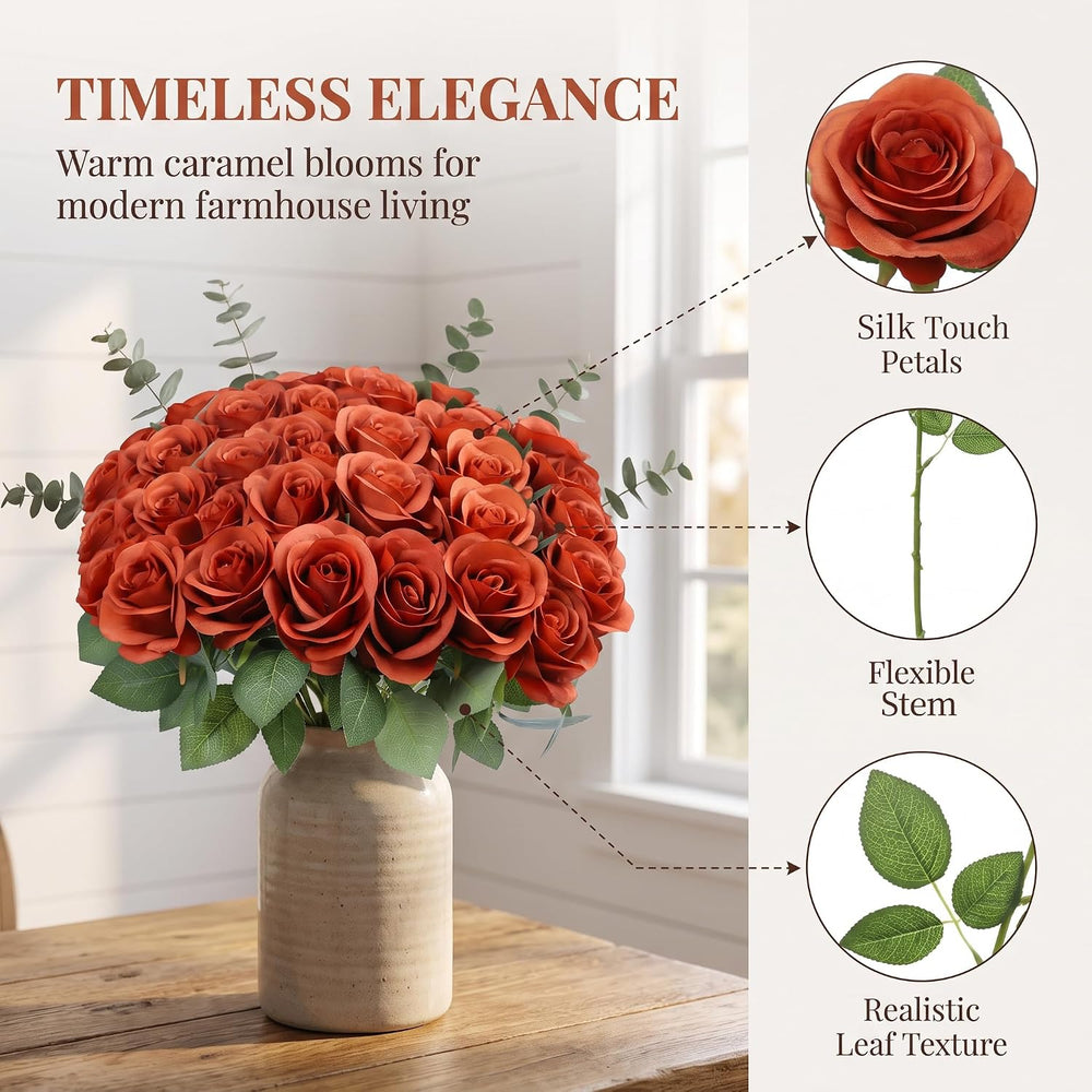 Artificial 50Pcs Burnt Orange Flowers Fake Roses Silk Artificial Flowers