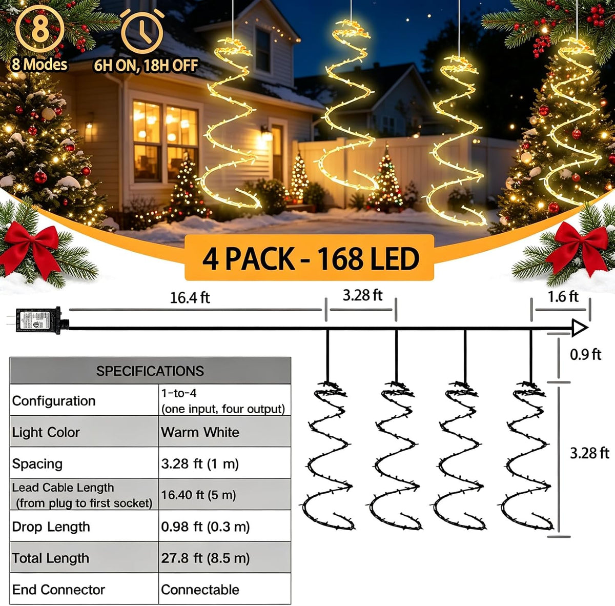 4 Pack 168 LED Spiral Christmas Tree Hanging Lights, Warm White