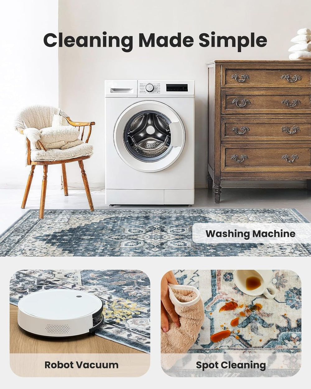 Amada 8x10 Area Rugs for Living Room, Washable Area Rug, Blue
