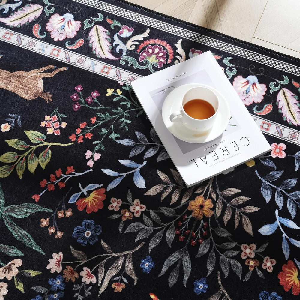 Rugcomf Runner Rug 2x6 Floral Washable Non Slip, Vibrant Black