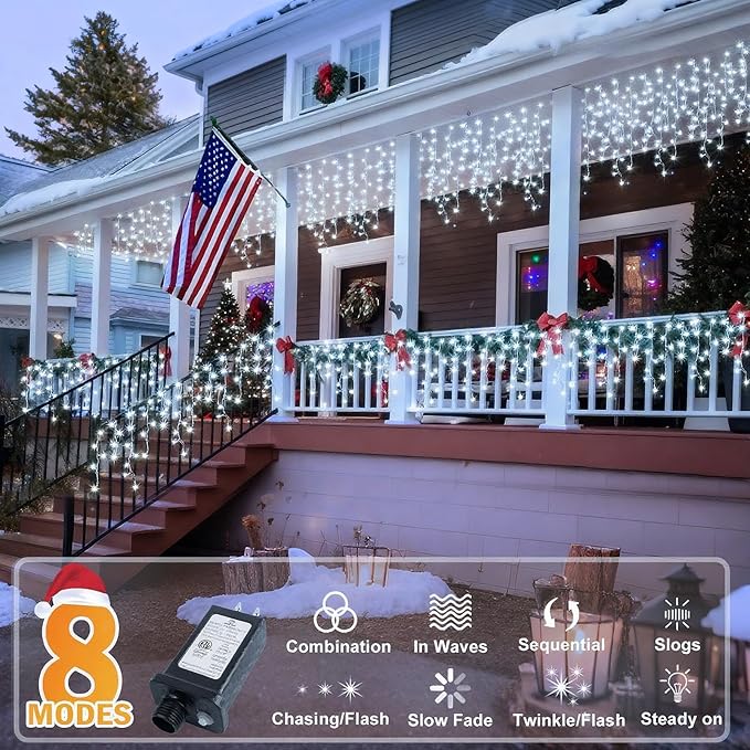 KNONEW 99FT 1216 LED Christmas Lights Outdoor Decorations 8 Modes White Curtain String Light with 228 Drops, Clear Wire LED String Light Indoor Decor for Wedding Party Holiday Christmas
