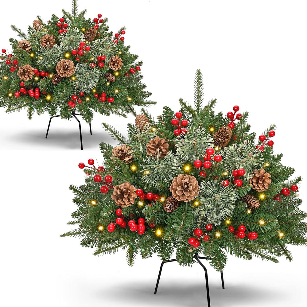 Outdoor Christmas Tree Urn Filler, Prelit Planter Bushes, 26 Inch Lighted Art...