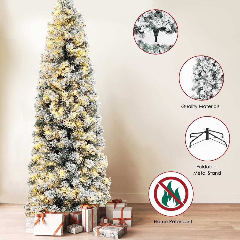 Okicoler Pre-Lit Snow Flocked Artificial Holiday Pencil Slim Christmas Tree with Warm Lights and Metal Base Stand for Home, Office, Party Decoration,White (6.5ft)