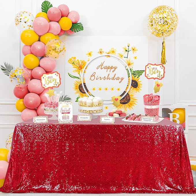 QueenDream Sequin Tablecloth 90"x156" Red Tablecloth Rectangular Party Tablecloth for Christmas Wedding Birthday Bridal Shower Decorations